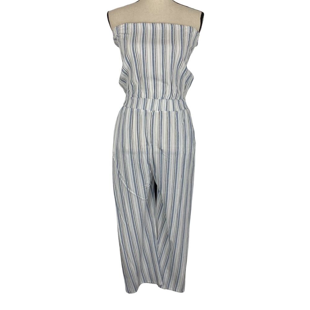 IVY & MAIN Strapless Jumpsuit Stripe White Denim Blue Crop Womens Sz Sm Pockets